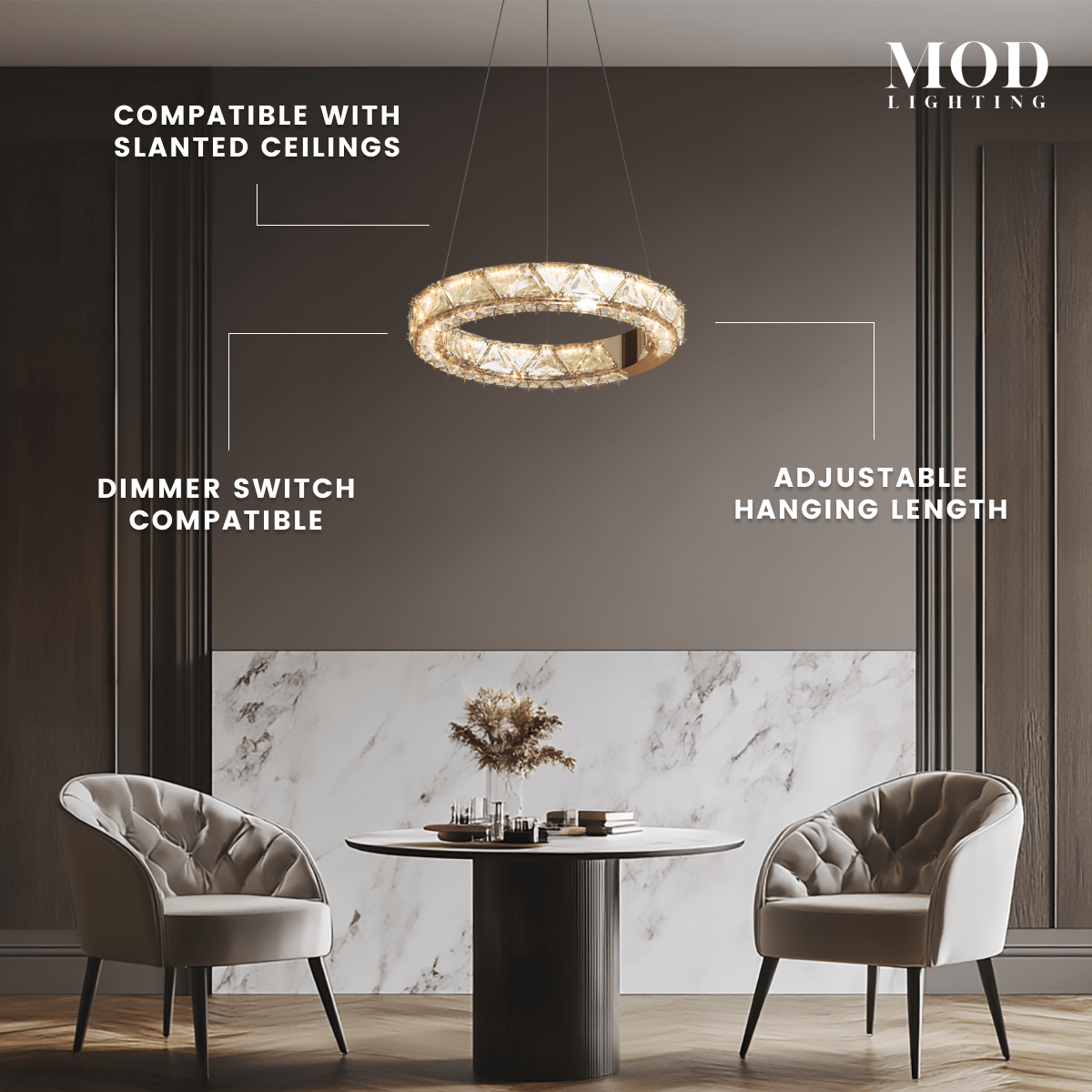 nowoczesny żyrandol z kryształem i wykończeniem rose‑gold