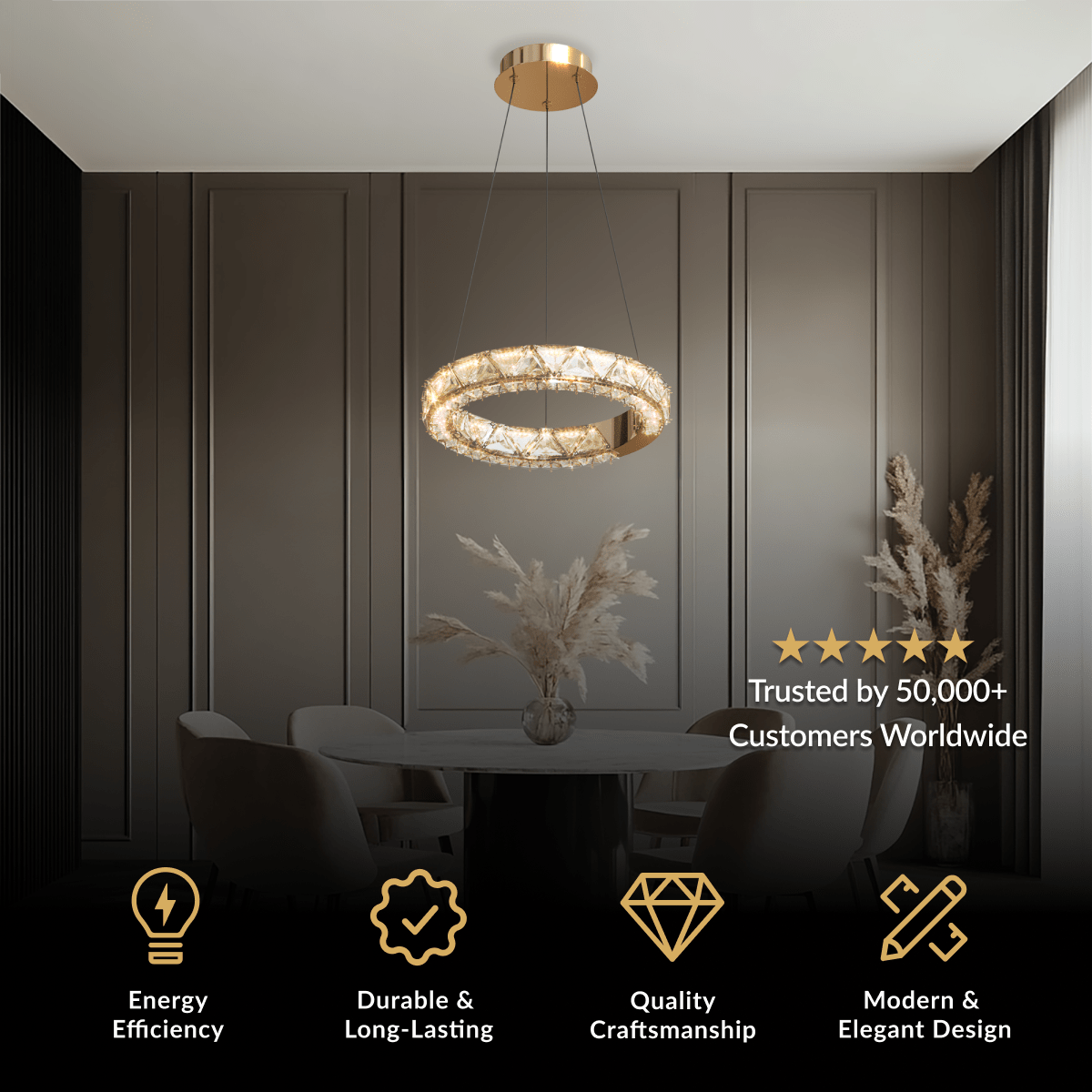 nowoczesny żyrandol z kryształem i wykończeniem rose‑gold